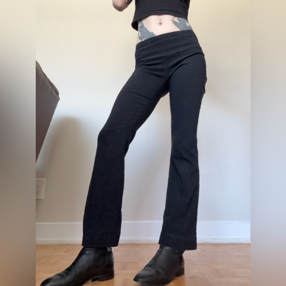 Women's Vintage Black Flare Pants with Fold-Over Waistband